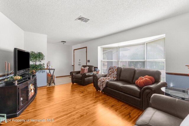 living room featuring hardwood / wood-style floors and a textured ceiling