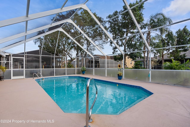 view of swimming pool with a lanai and a patio area