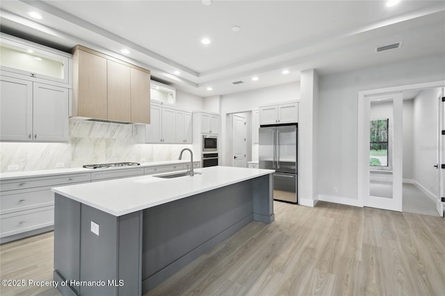 kitchen featuring sink, stainless steel appliances, light hardwood / wood-style flooring, backsplash, and a kitchen island with sink