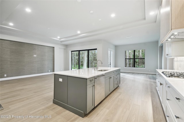 kitchen with stainless steel appliances, sink, gray cabinets, white cabinetry, and an island with sink