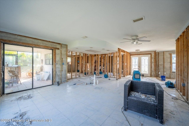 miscellaneous room featuring ceiling fan, a wealth of natural light, and french doors