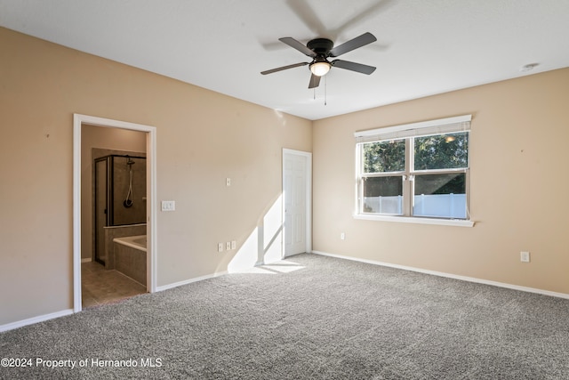 unfurnished bedroom with light carpet, ensuite bath, and ceiling fan