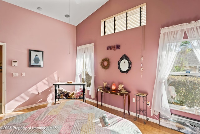 bedroom featuring wood-type flooring and high vaulted ceiling