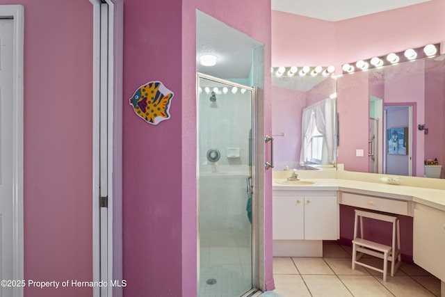 bathroom featuring vanity, tile patterned floors, and a shower with shower door