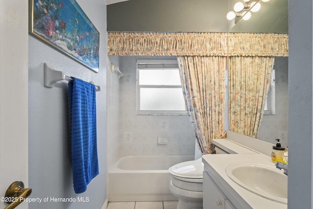 full bathroom with tile patterned flooring, vanity, tiled shower / bath combo, and toilet