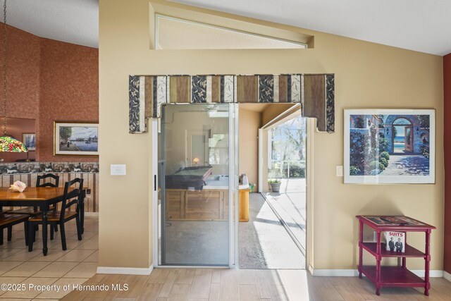 entryway featuring wood-type flooring and lofted ceiling