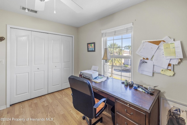 home office with ceiling fan and light wood-type flooring