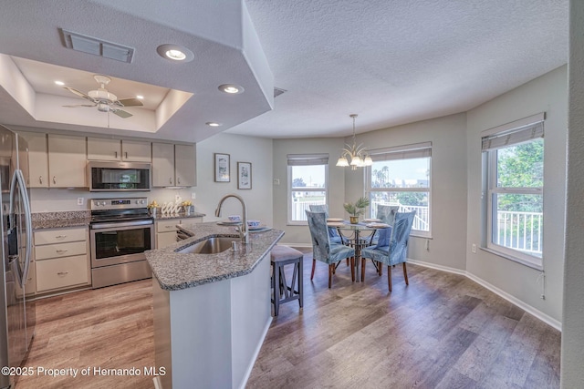 kitchen with stainless steel appliances, visible vents, a sink, and a healthy amount of sunlight