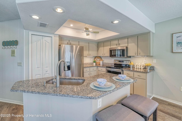 kitchen featuring appliances with stainless steel finishes, wood finished floors, a sink, and baseboards