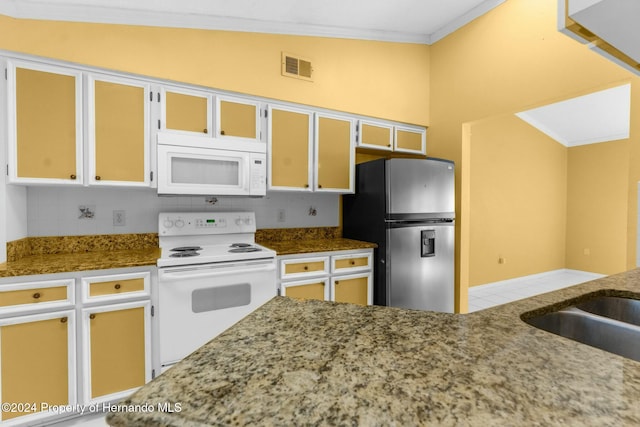 kitchen with white cabinetry, tasteful backsplash, crown molding, lofted ceiling, and white appliances