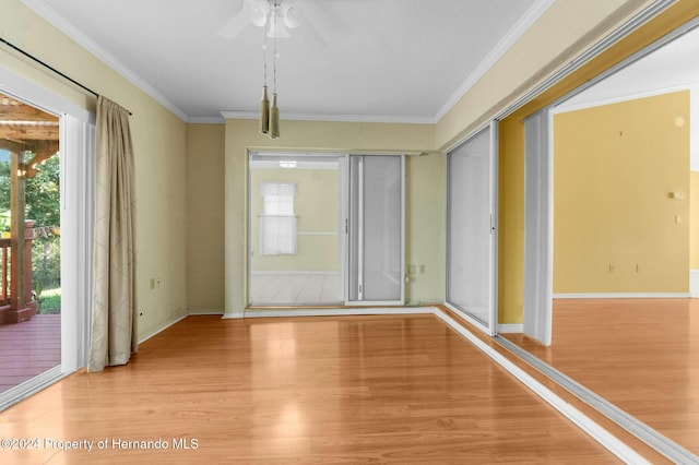 interior space featuring ceiling fan, light hardwood / wood-style floors, and crown molding