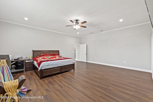 bedroom featuring dark hardwood / wood-style floors, ceiling fan, and ornamental molding