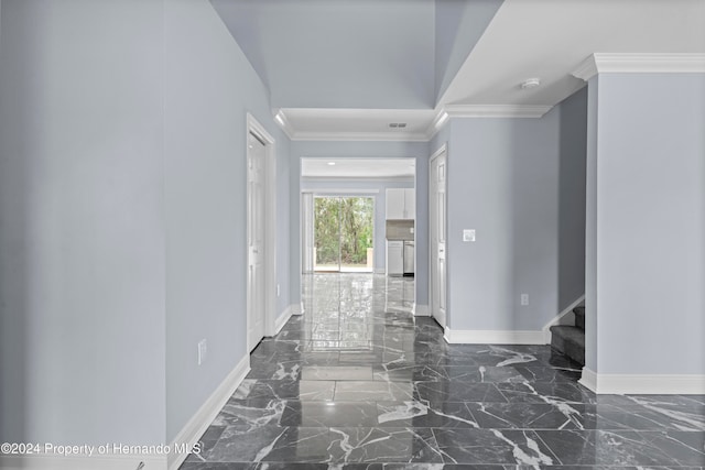 hallway featuring ornamental molding