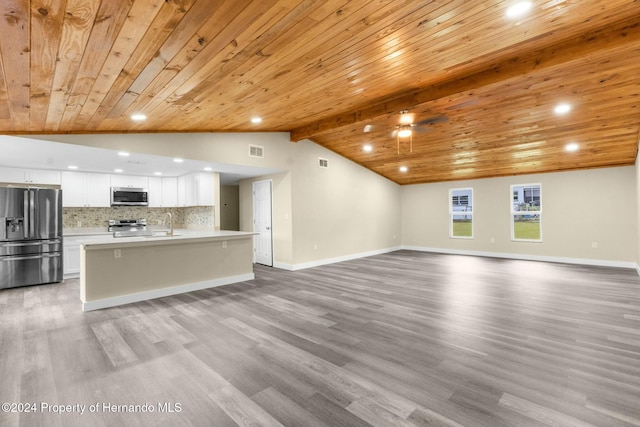 unfurnished living room featuring vaulted ceiling with beams, light hardwood / wood-style floors, and wooden ceiling