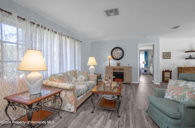 living room featuring hardwood / wood-style flooring, a brick fireplace, and a wealth of natural light