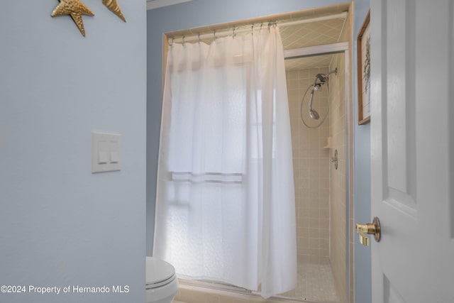 bathroom with a shower with curtain and toilet