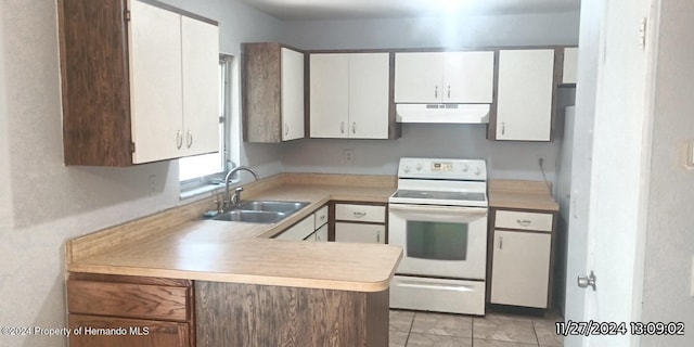 kitchen featuring white cabinets, kitchen peninsula, electric stove, and sink