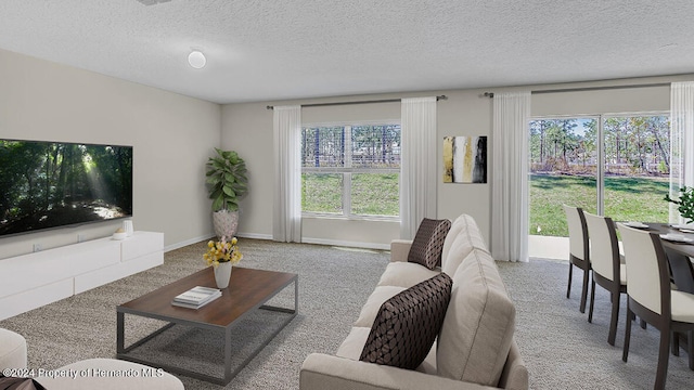 carpeted living room featuring a textured ceiling