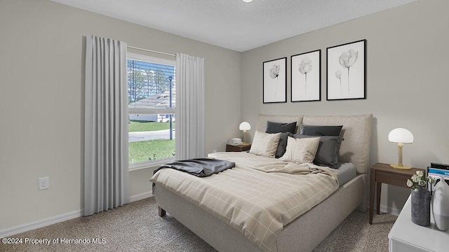 bedroom featuring carpet and a textured ceiling