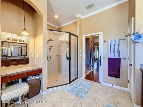 bathroom with vanity, a shower with shower door, and crown molding