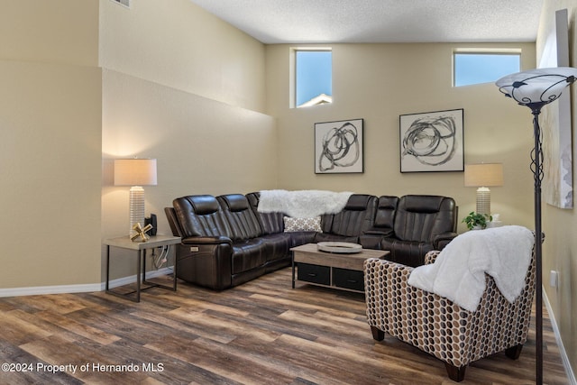 living room with dark hardwood / wood-style floors, lofted ceiling, and a textured ceiling