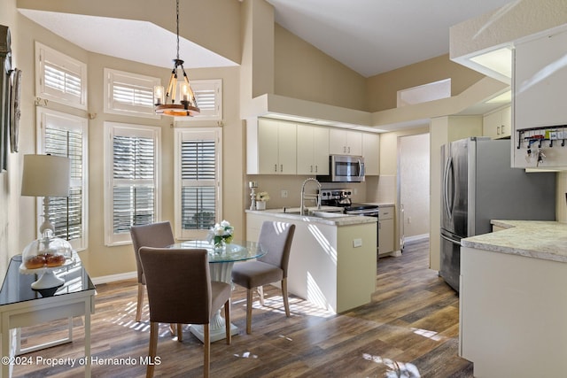 kitchen with white cabinets, dark hardwood / wood-style floors, appliances with stainless steel finishes, decorative light fixtures, and kitchen peninsula