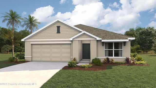 view of front of property featuring a front yard and a garage