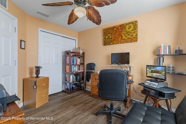 office area with ceiling fan and dark hardwood / wood-style floors