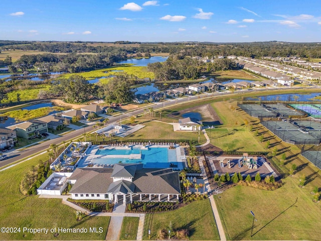 drone / aerial view featuring a water view