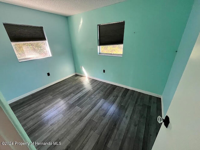 spare room featuring plenty of natural light, dark wood-type flooring, and a textured ceiling