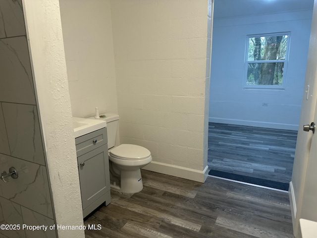 bathroom with toilet, wood-type flooring, and vanity