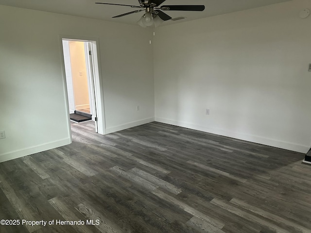 empty room featuring ceiling fan and dark wood-type flooring