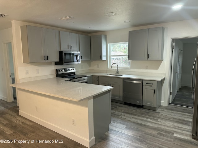 kitchen featuring dark hardwood / wood-style flooring, stainless steel appliances, sink, kitchen peninsula, and gray cabinetry