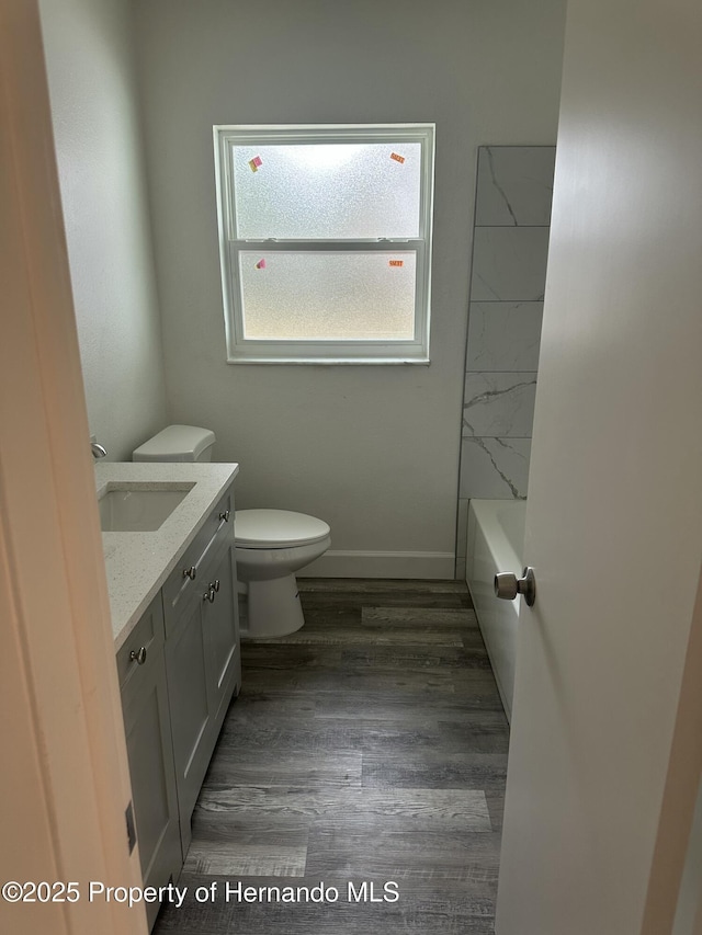 bathroom featuring toilet, wood-type flooring, and vanity