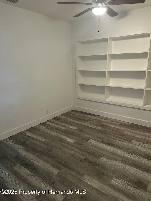 spare room with ceiling fan, built in features, and dark hardwood / wood-style floors