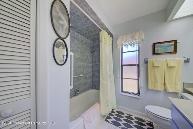 full bathroom with tile patterned flooring, vanity, shower / bath combination with curtain, and toilet