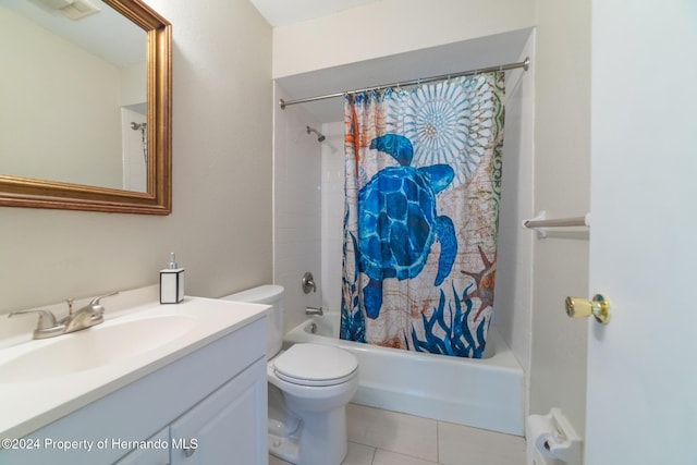 full bathroom featuring vanity, tile patterned flooring, shower / bathtub combination with curtain, and toilet