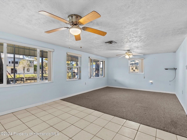 spare room with a textured ceiling, a healthy amount of sunlight, and light carpet