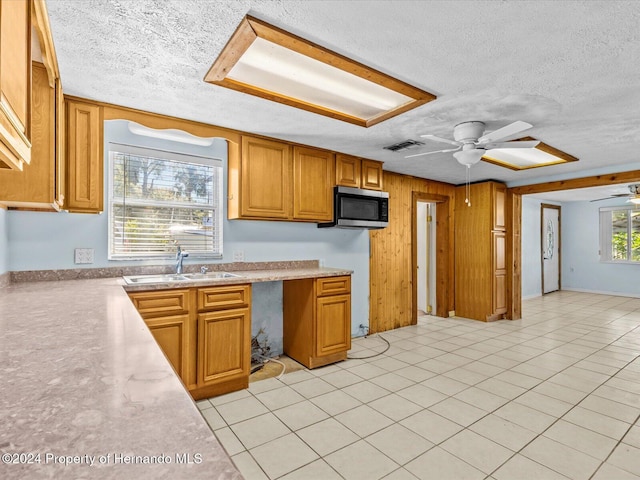 kitchen featuring a textured ceiling, ceiling fan, a healthy amount of sunlight, and sink