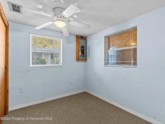 spare room featuring carpet flooring, a textured ceiling, electric panel, and ceiling fan