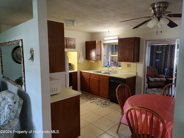 kitchen with stainless steel fridge, ceiling fan, sink, light tile patterned floors, and dishwasher