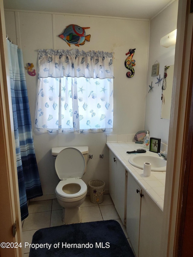 bathroom with tile patterned flooring, vanity, toilet, and curtained shower