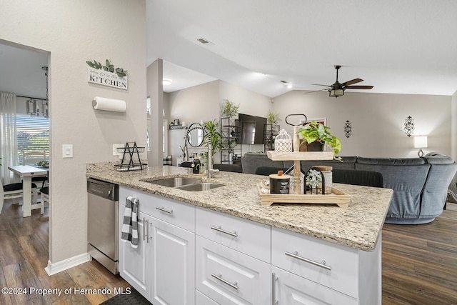 kitchen with light stone countertops, dark hardwood / wood-style flooring, white cabinets, dishwasher, and lofted ceiling