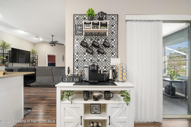 kitchen featuring vaulted ceiling, ceiling fan, and dark hardwood / wood-style floors