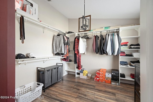 walk in closet with vaulted ceiling and dark hardwood / wood-style floors