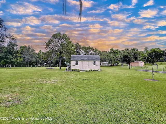 yard at dusk featuring a storage unit