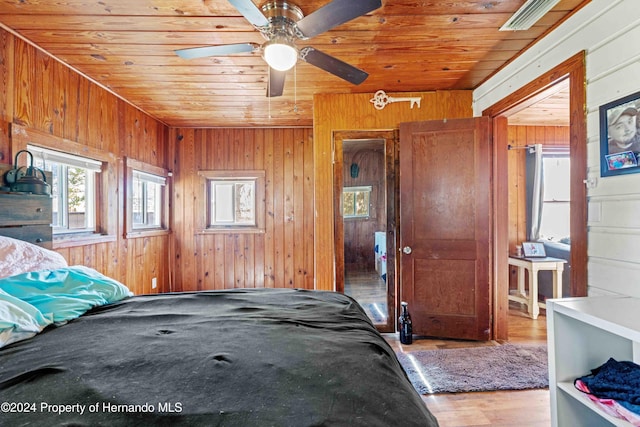 unfurnished bedroom featuring hardwood / wood-style floors, wooden ceiling, ceiling fan, and wooden walls