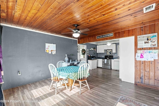 dining area with wood walls, ceiling fan, wood ceiling, and hardwood / wood-style flooring