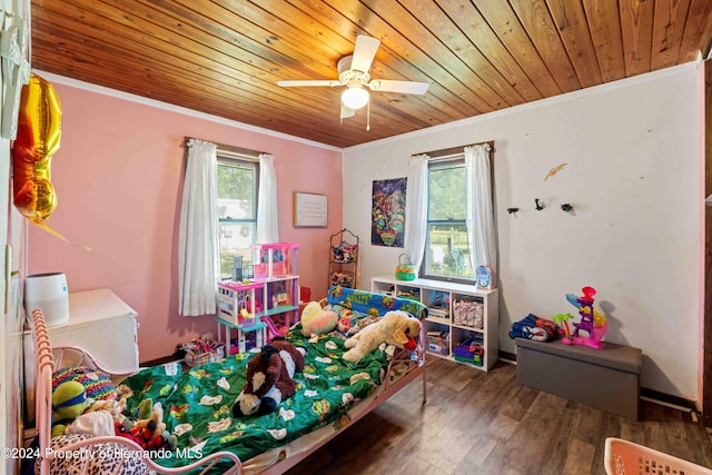 playroom with wooden ceiling, dark wood-type flooring, and ornamental molding