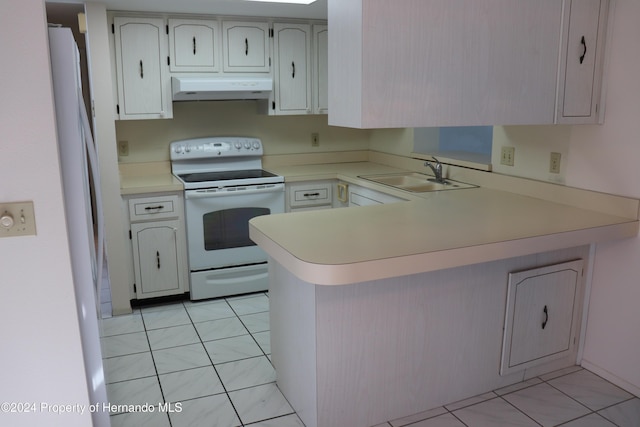 kitchen with kitchen peninsula, sink, light tile patterned floors, and white appliances